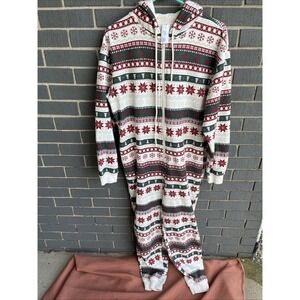 Fabletics M Christmas One Piece Hooded Zip Pajama Fair Isle Reindeer Barely Worn